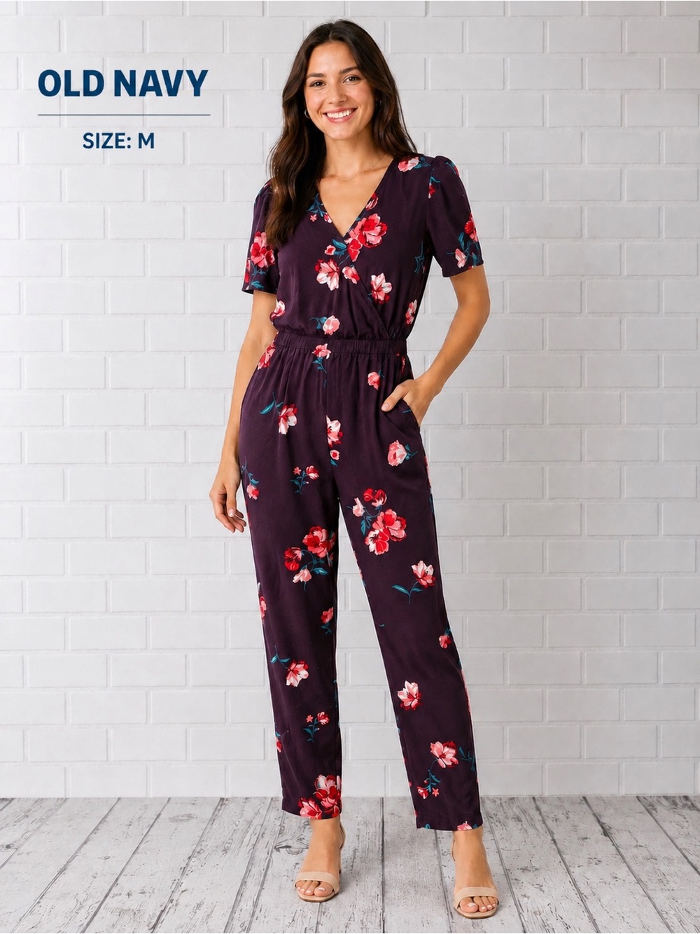 Old Navy Floral V-Neck Jumpsuit Purple Pink Floral Print casual cottagecore/M